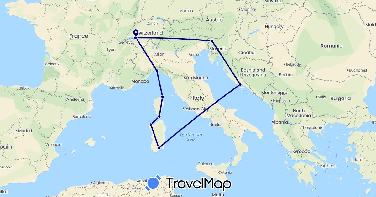 TravelMap itinerary: driving in Switzerland, France, Croatia, Italy, Slovenia (Europe)